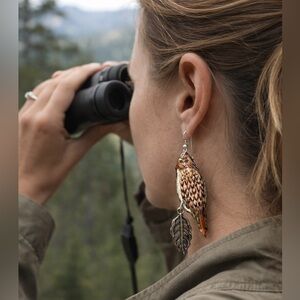 Hand, painted red tail, hawk earrings, sterling wires, metal feather charm OOAK